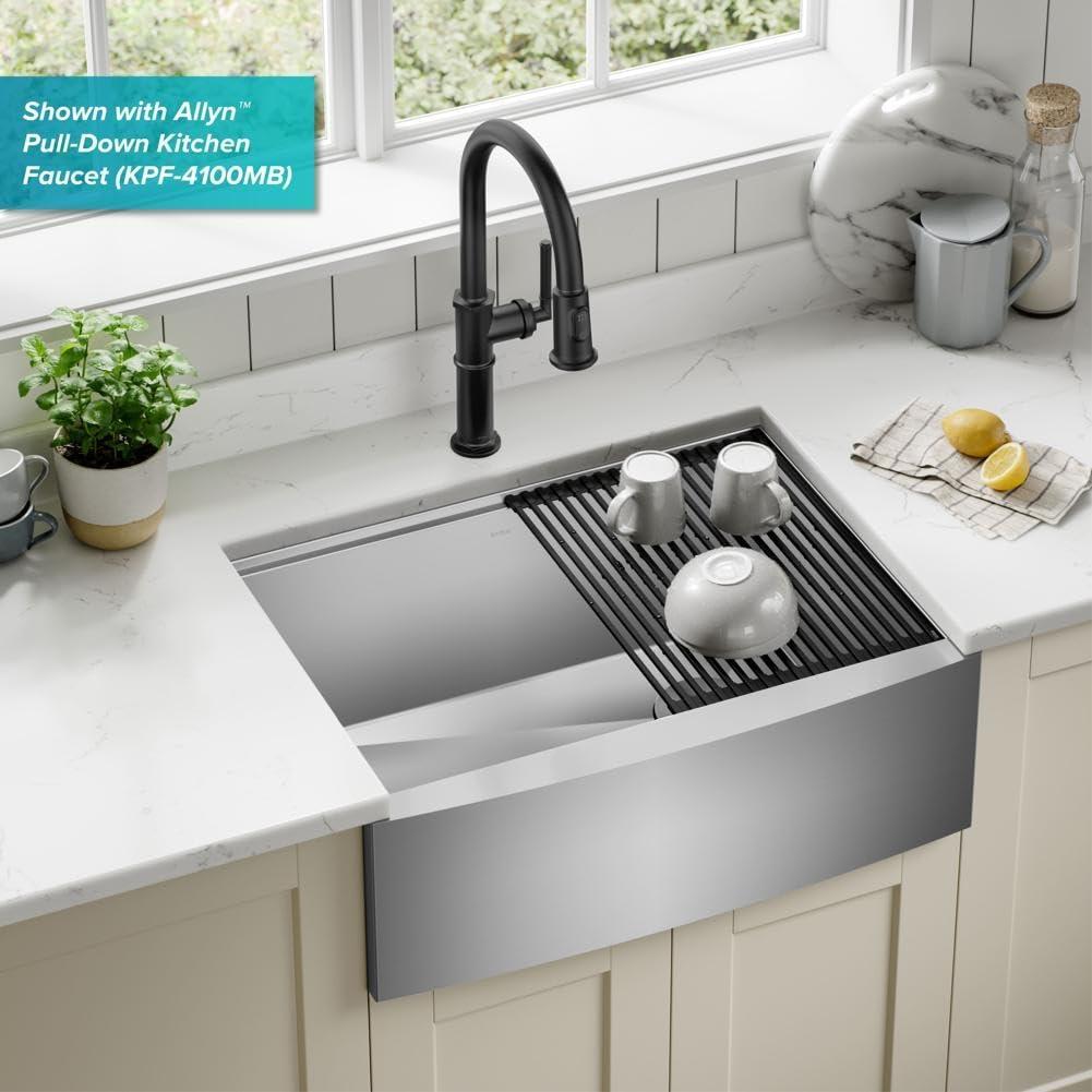 KRAUS Kore™ 27" L Farmhouse Apron Front Workstation 16 Gauge Stainless Steel Single Bowl Kitchen Sink with Accessories