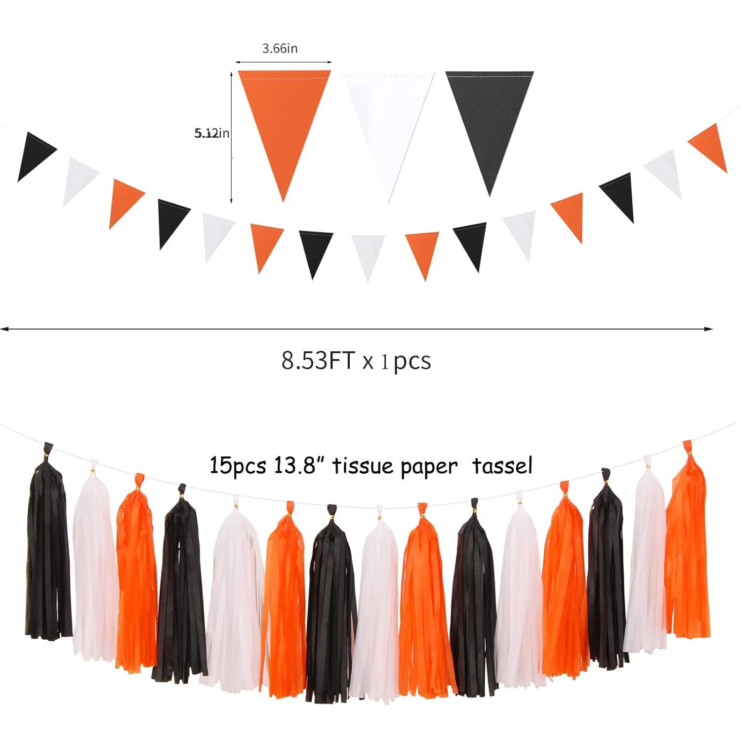 Black White Orange Halloween Party-Decorations - 23pcs Tissue Pom Poms Streamers,Tassel Garland Banner,Graduation 2025 Birthday Wedding Baby Bridal Shower Decor Bunting Lasting Surprise