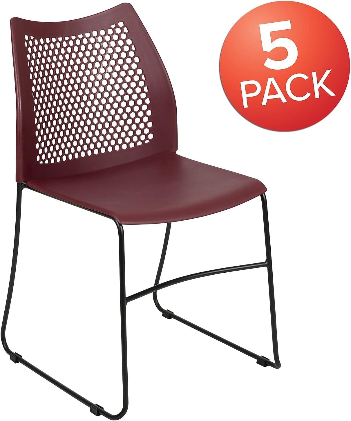 Flash Furniture HERCULES Series 5 Pack 661 lb. Capacity Burgundy Stack Chair with Air-Vent Back and Black Powder Coated Sled Base