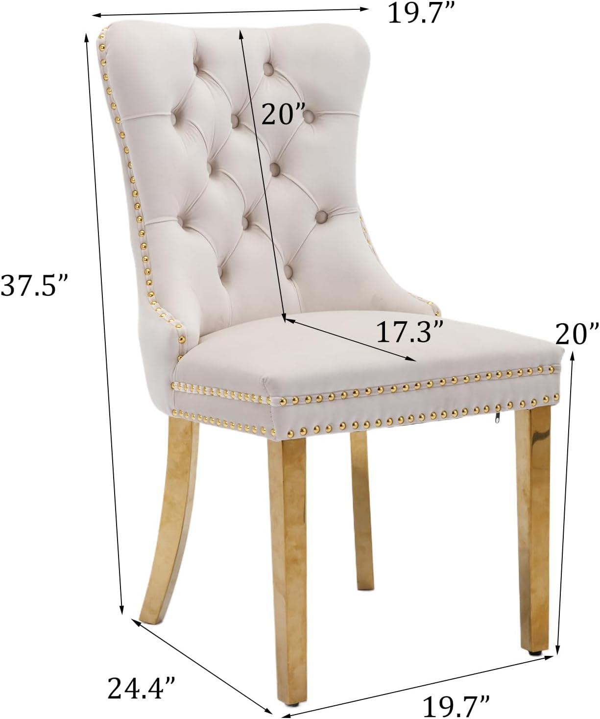 Beige Velvet Upholstered Dining Chairs with Gold Metal Legs, Set of 2