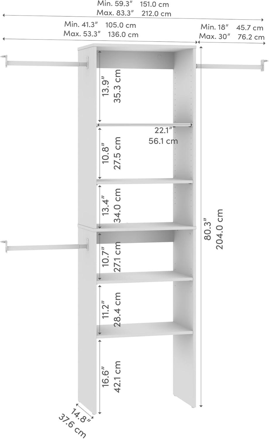 Bestar Carina 24W Closet Organizer With Clothing Rods, Drawers, And Cubbies