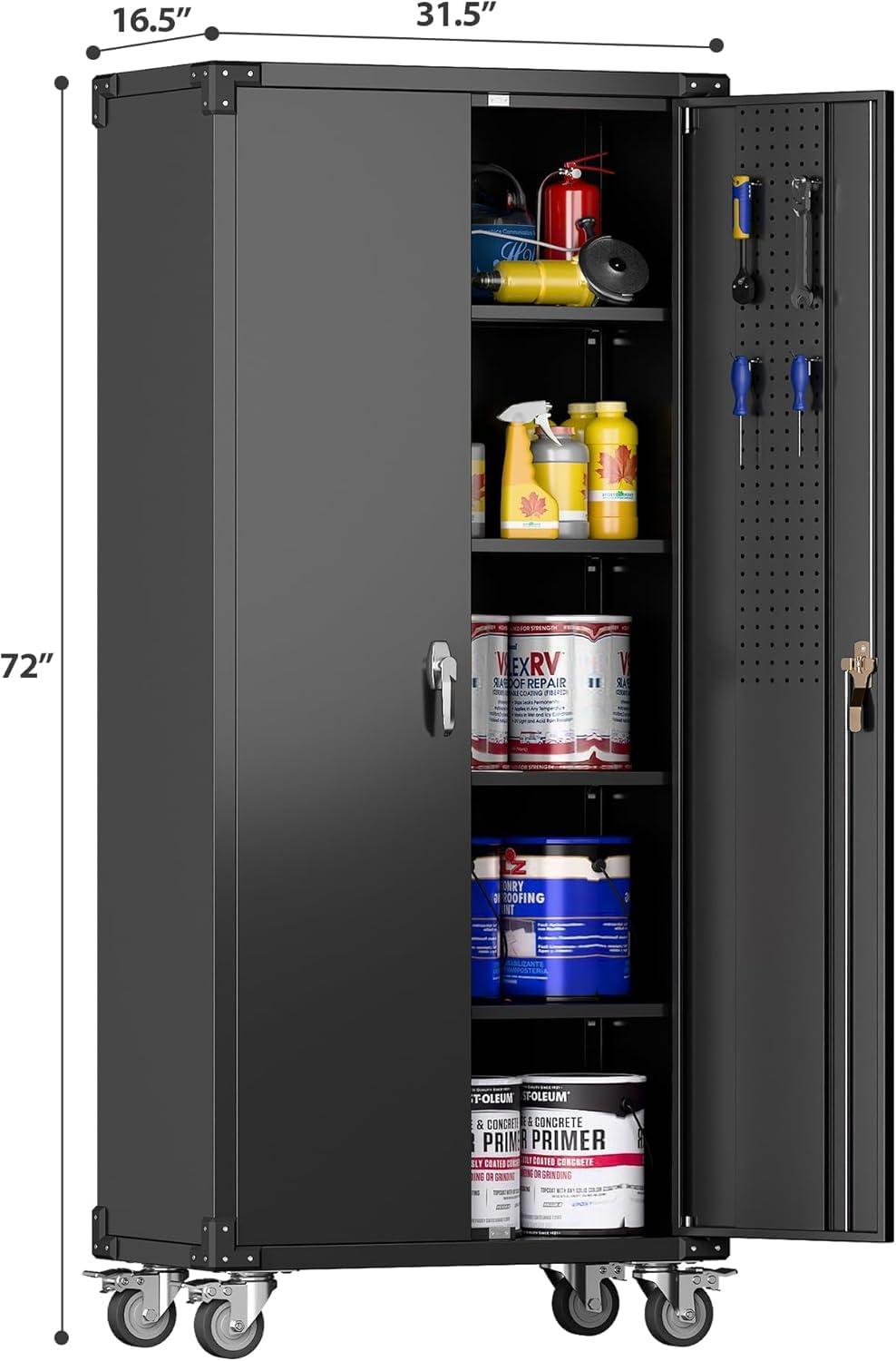 AOBABO 72 Inch Locking Metal Garage Storage Cabinet with Universal Rubber Wheels with Lockable Casters, Pegboards, and Magnetic Doors, Black