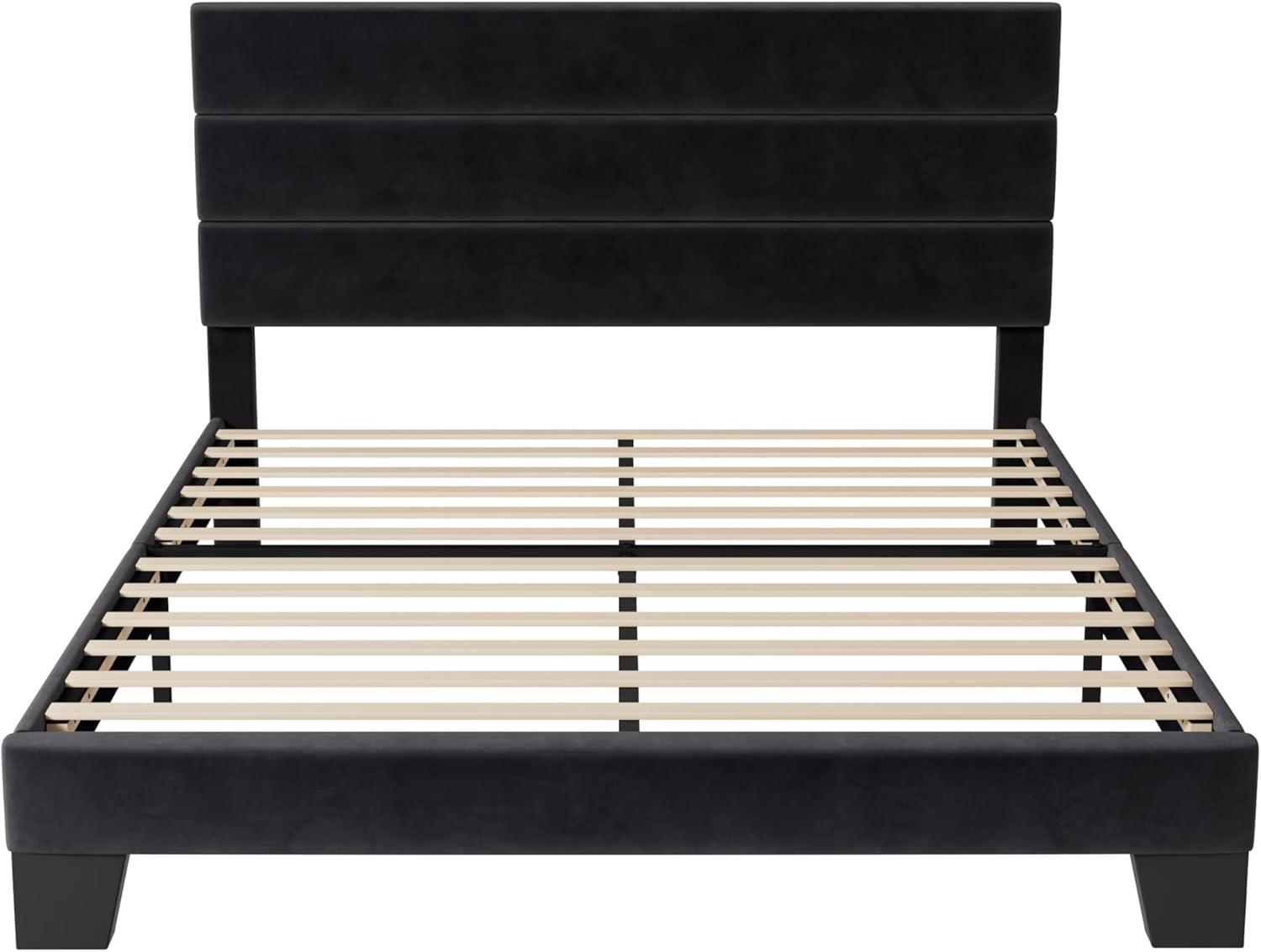 Black Velvet Upholstered Queen Platform Bed with Wooden Slats