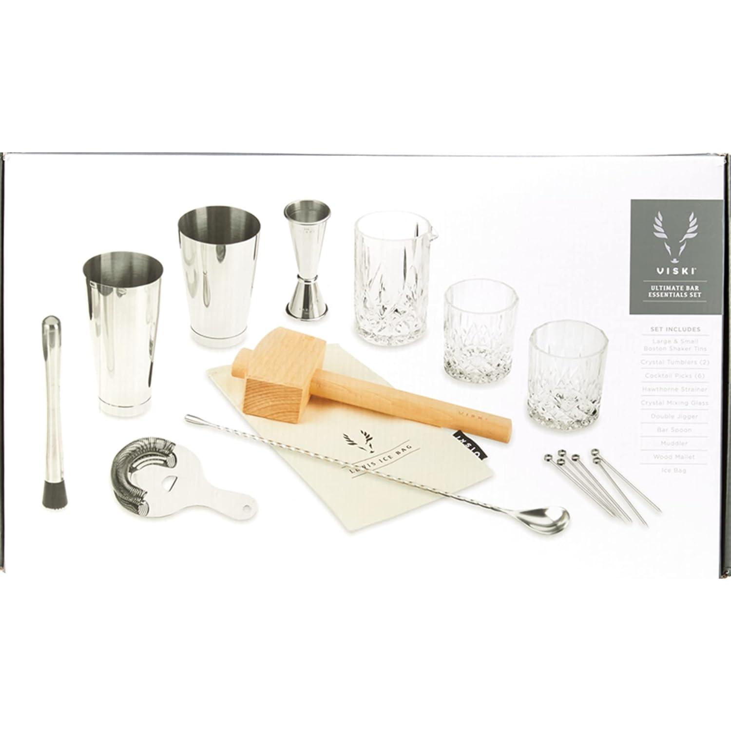 Viski 17-Piece Bar Tools Bartender Tool Kit - Cocktail Making Kit - Bartending Supplies with Shakers and More Set of 17, Silver