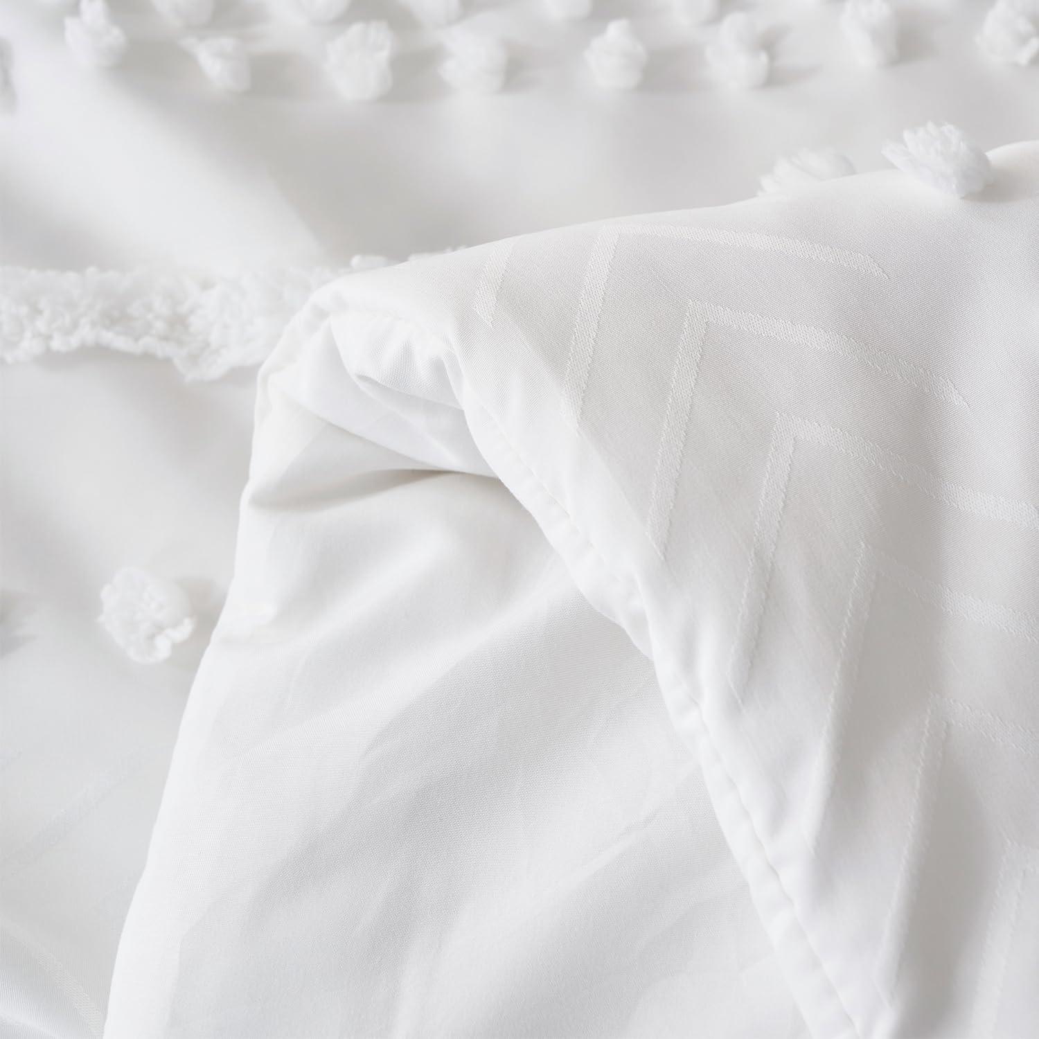 7 Pieces Queen Comforter Set, White Tufted Boho Shabby Chic Bed in a Bag Comforter and Sheet Set, All Season Soft Microfiber Complete Bedding Set (White, Queen)