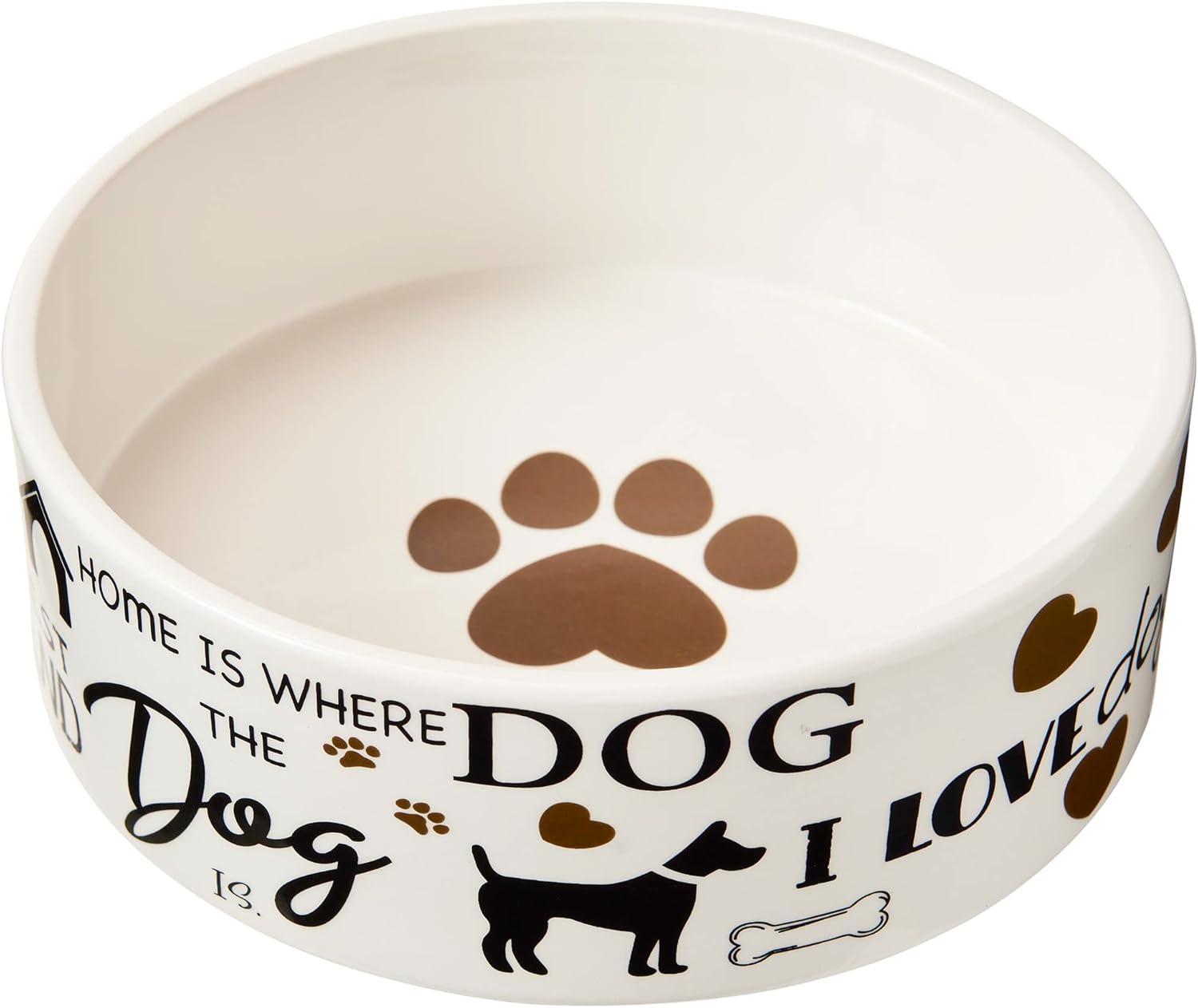 7" White and Brown Ceramic Dog Food and Water Bowl