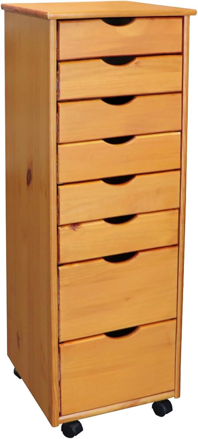 Adeptus Original Roll Cart, Solid Wood, 6+2 Drawer Narrow Roll Cart, Med Pine