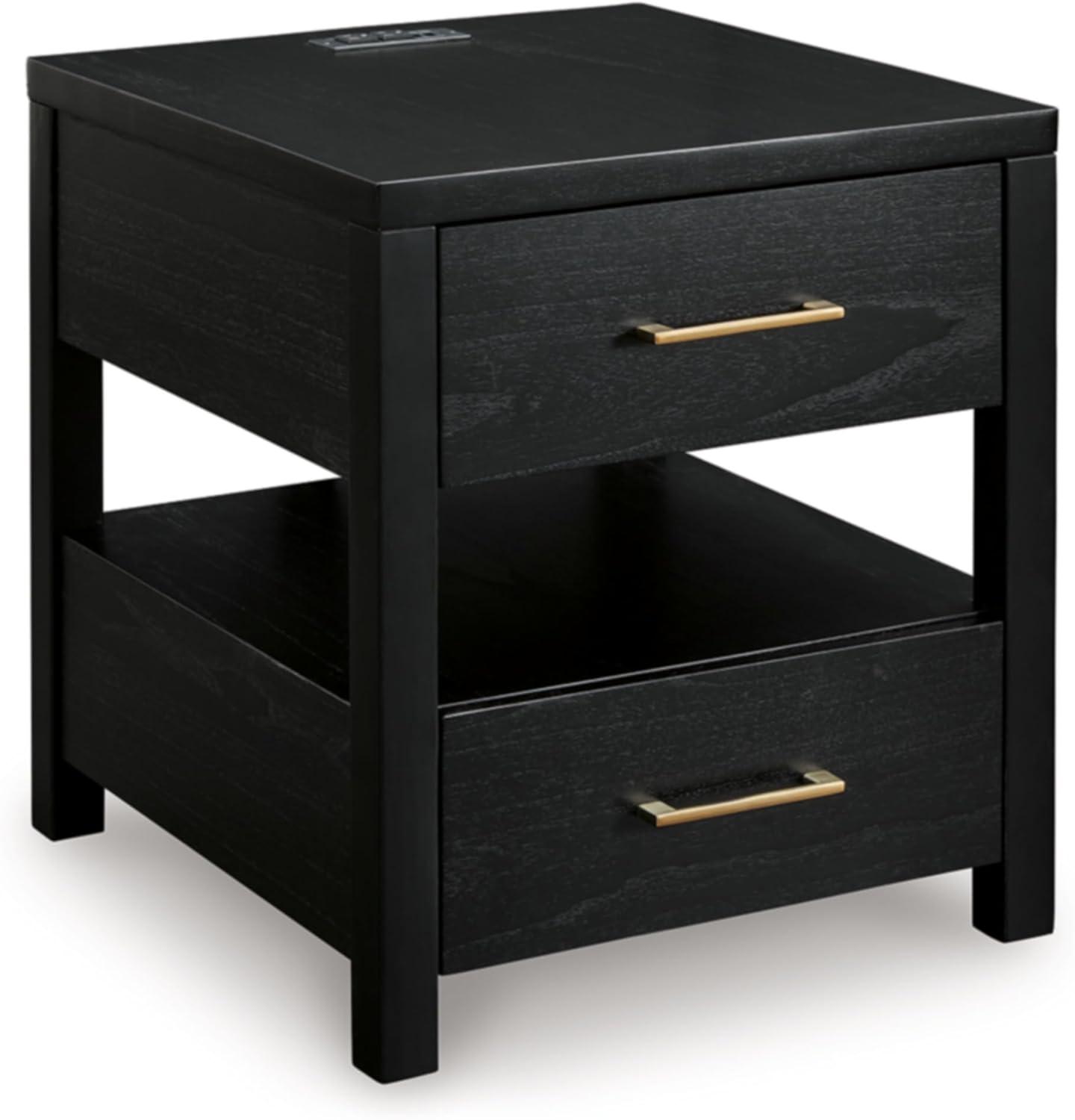 Black Rectangular Wood End Table with Storage and USB Ports