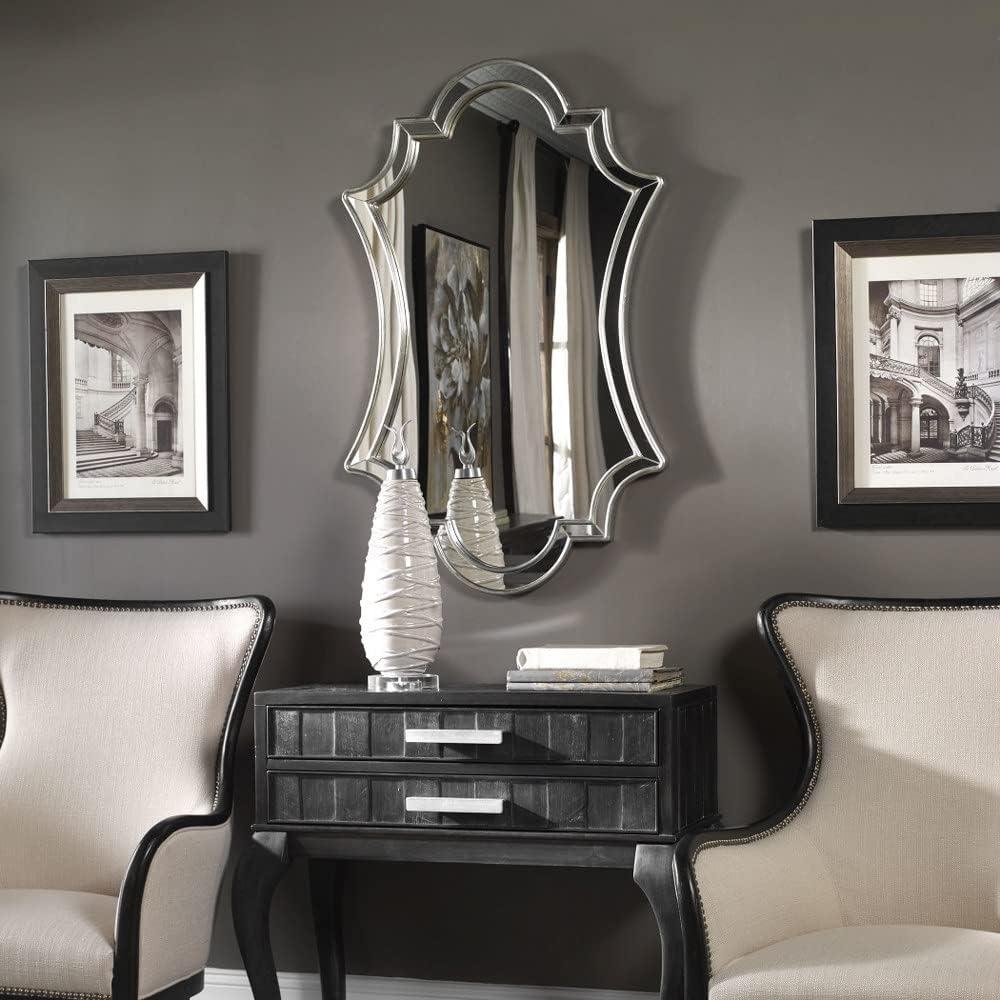 Elegant Transitional 27x43 Frameless Mirror with Antiqued Silver Finish