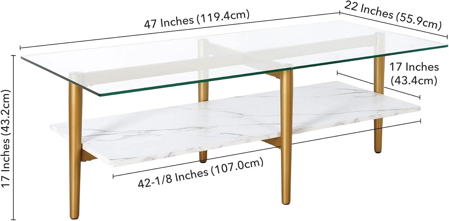 Evelyn&Zoe Otto 47" Wide Rectangular Coffee Table with Faux Marble Shelf, Brass