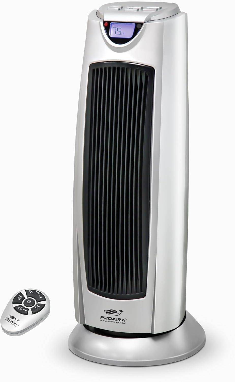 Silver Ceramic Electric Tower Heater with Thermostat and Remote