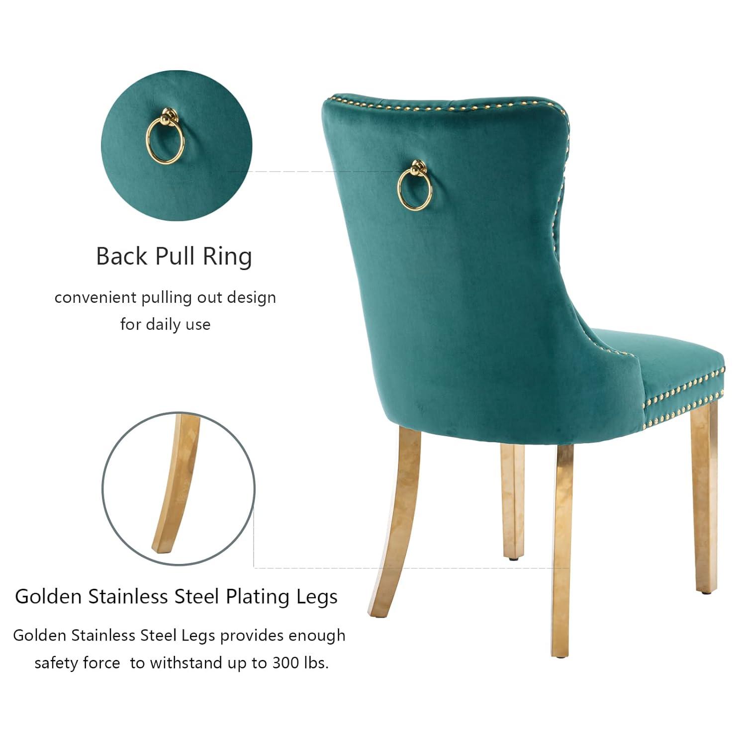 ODUSE-DAILY Green Velvet Dining Chairs Set of 4, Kitchen & Dining Room Chairs, Nailheads Tufted, Sillas De Comedor, Fabric Upholstered, Golden Metal Legs (Green, 4 Pcs)