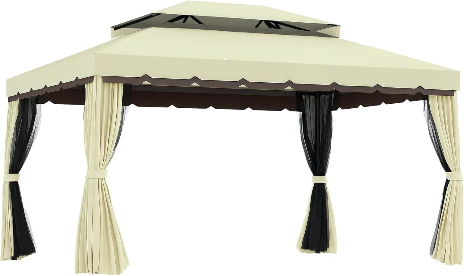 Outsunny 10' x 13' Patio Gazebo, 2-Tier Polyester Roof, Vented Canopy, Mesh, Portable Aluminum Frame for Outdoor, Cream White