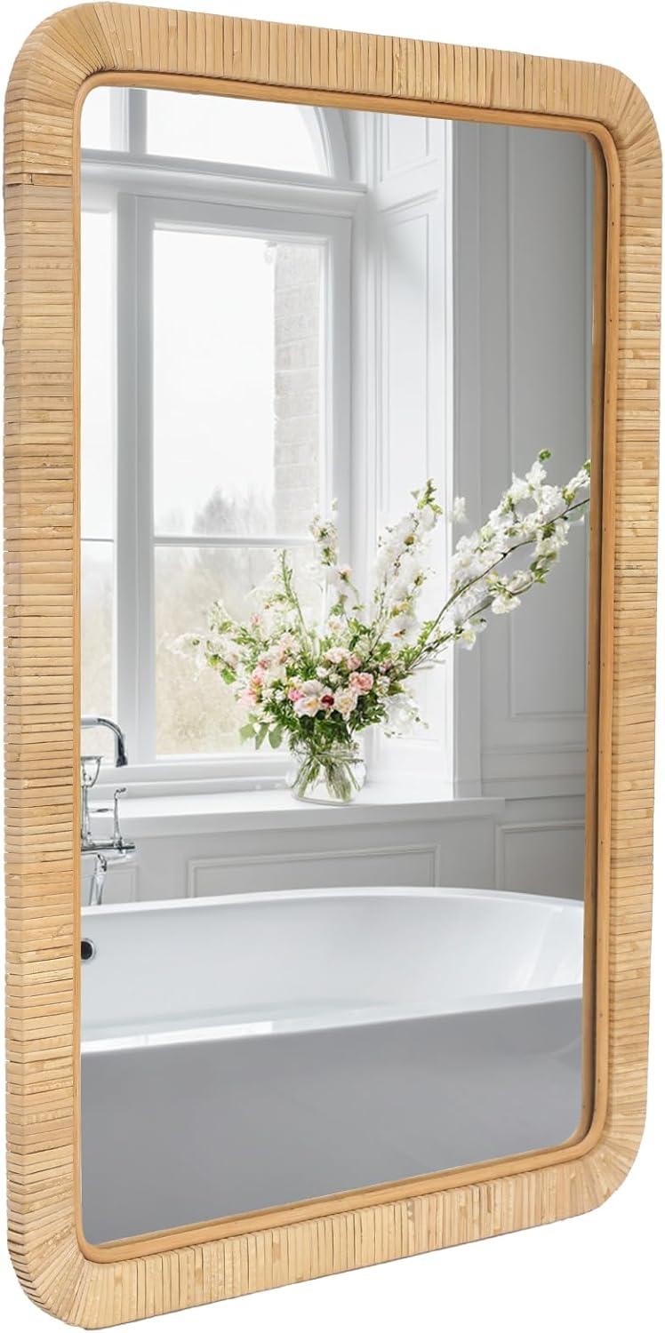 Barnyard Designs Rattan Bathroom Mirror – Rustic Farmhouse Style Handmade Wicker Rattan Frame - Boho Mirror for Nursery Wall Décor (20" x 30", Rectangular)