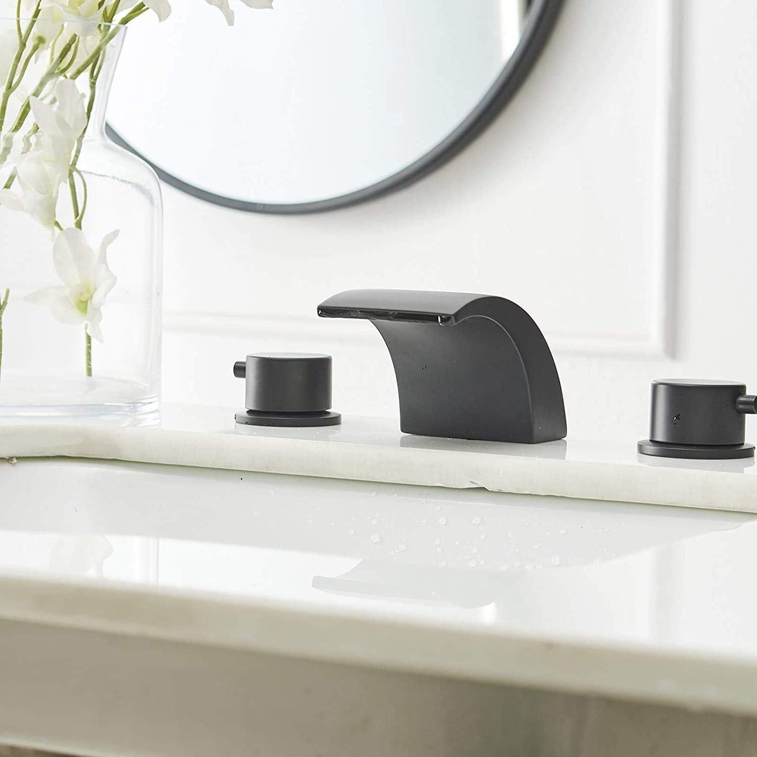 BWE 8 in. Widespread Waterfall Double Handle Three Holes Bathroom Faucet With Led Light in Black