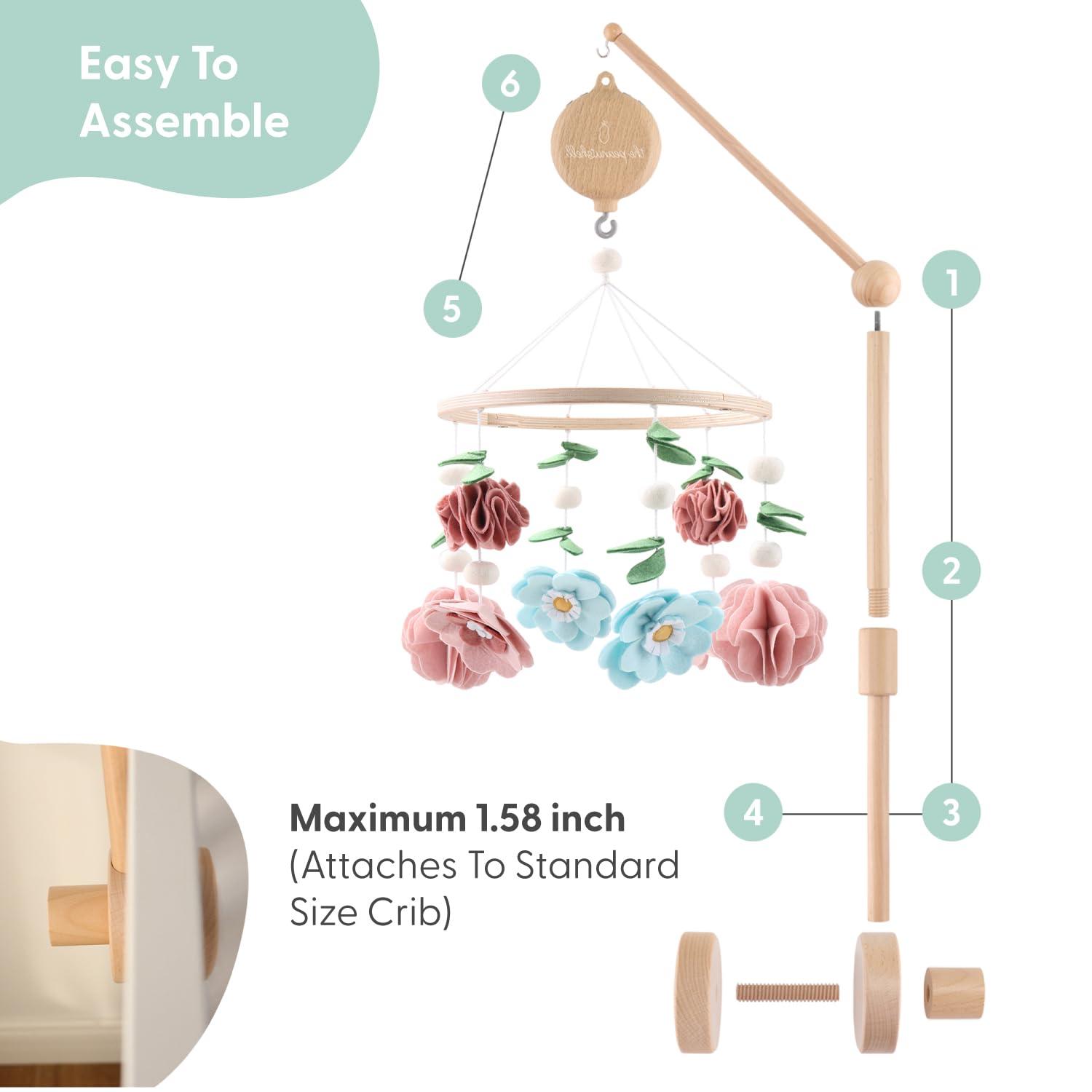 The Peanutshell Deluxe Wooden Crib Mobile Set with Arm, Music Box and Wildflower Baby Mobile, Pink