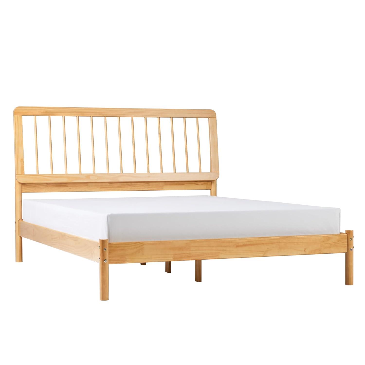 Mid-Century Modern Solid Wood Queen Spindle Bed – Natural Pine