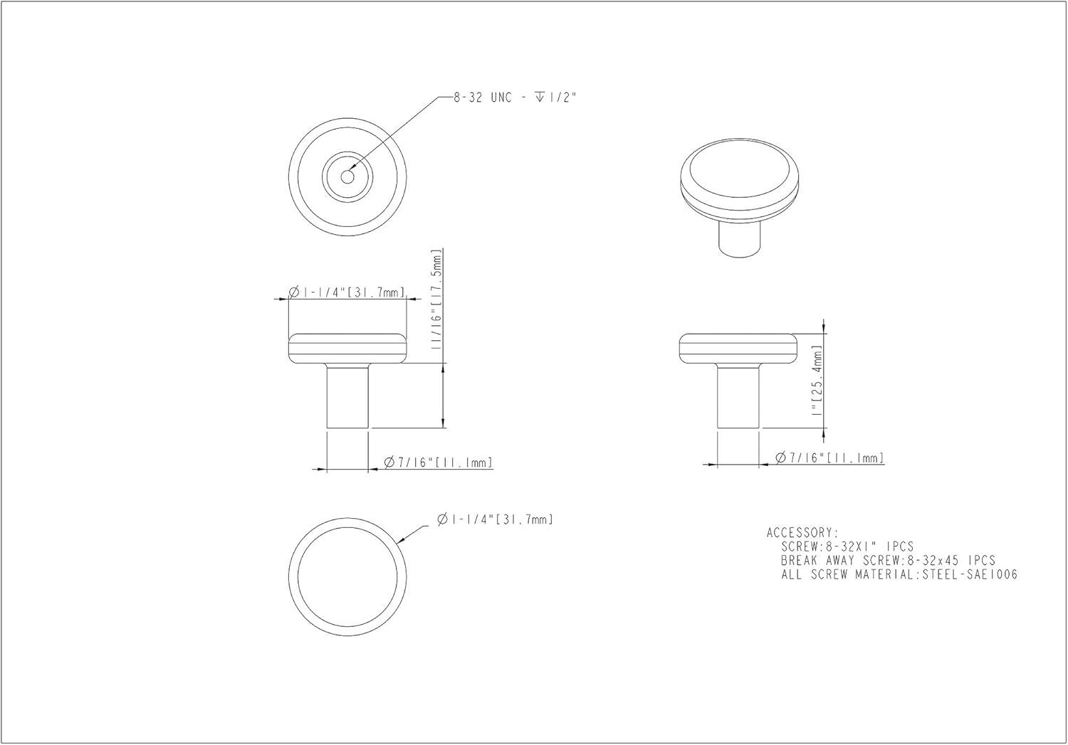 Gibson 1 1/4" Diameter Mushroom Knob