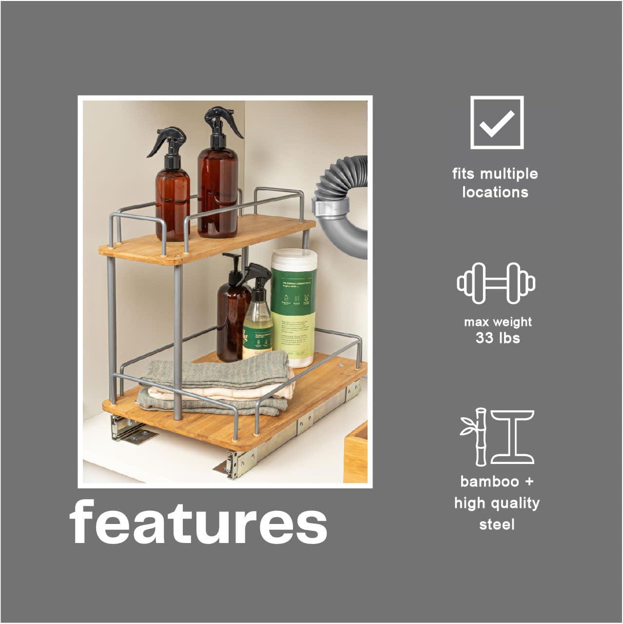 Glidez Steel and Bamboo Pull-Out/Slide-Out Storage Organizer for Under Sink or Cabinet Use - 2 -Tier Design - Brushed Silver and Natural