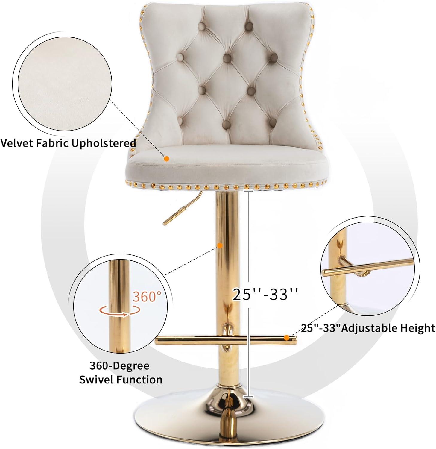 Swivel Counter Height Bar Stools Set of 2, Cream Kitchen Island Barstools, Velvet Adjustable Bar Height Stool Chairs, Tufted Back, Gold Metal Base, Sillas para Barra de Cocina (Beige, Velvet, 2 Pcs)