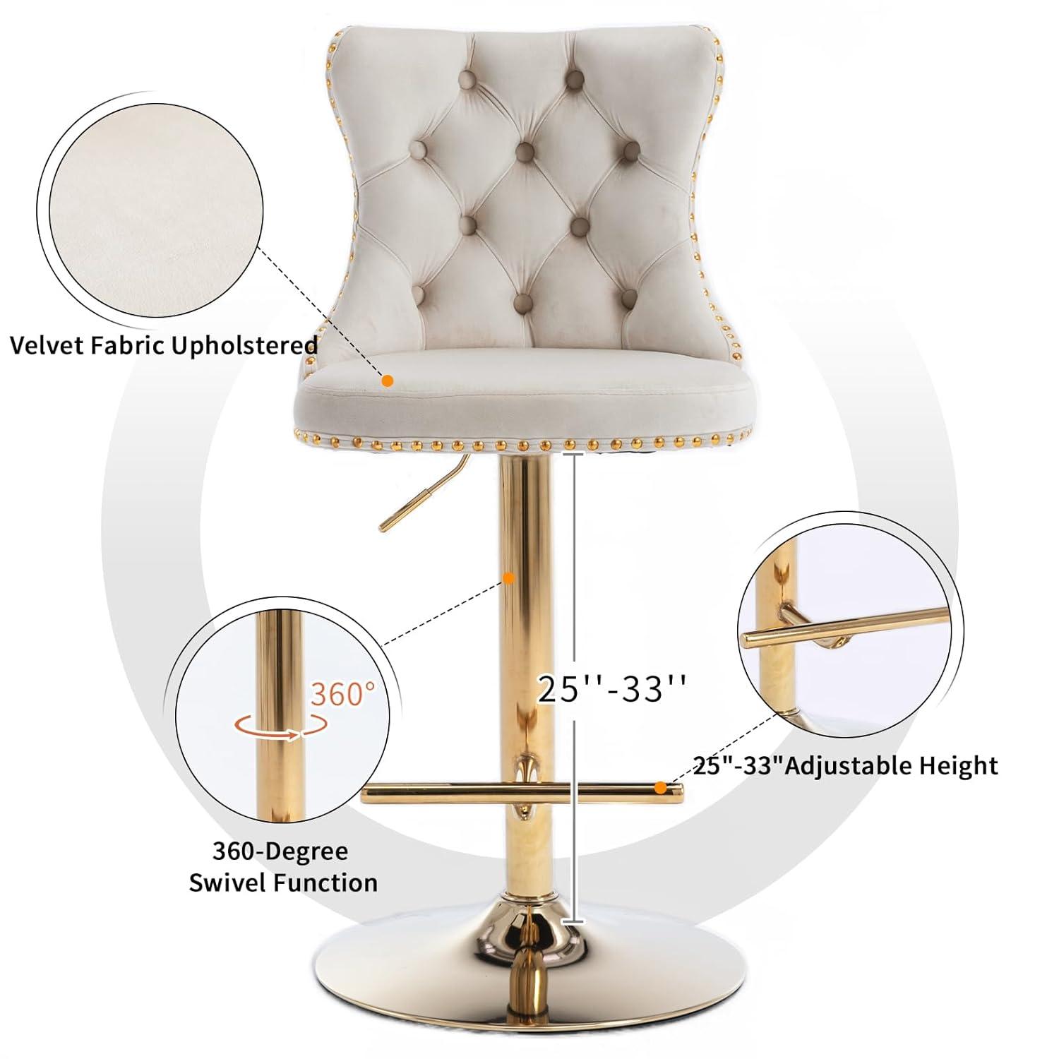 Swivel Counter Height Bar Stools Set of 2, Cream Kitchen Island Barstools, Velvet Adjustable Bar Height Stool Chairs, Tufted Back, Gold Metal Base, Sillas para Barra de Cocina (Beige, Velvet, 2 Pcs)
