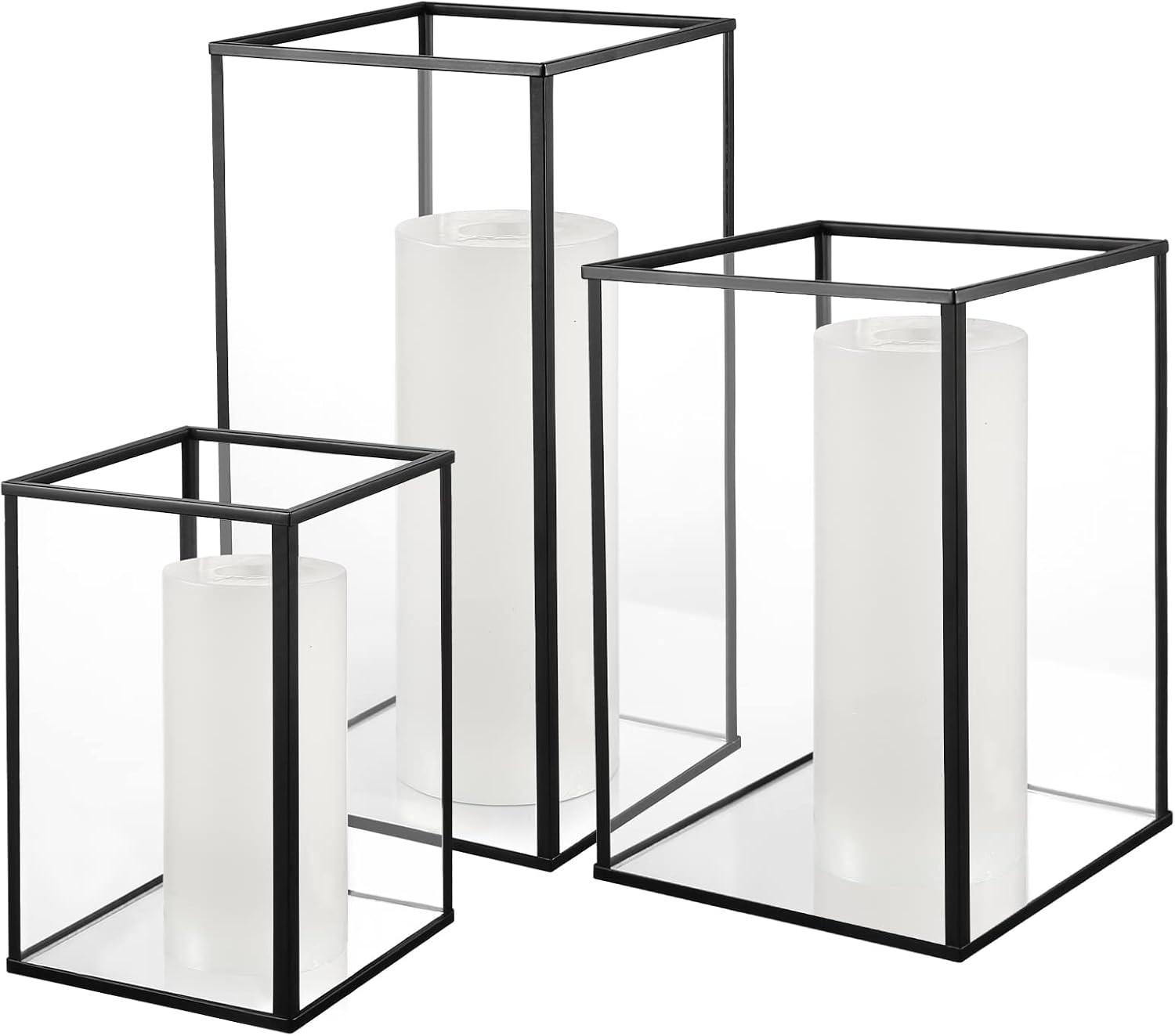 Phosphor Small Hurricane Candle Holder Set of 3 Pieces, Black Glass Candle Holder for Wedding, Party, Holiday.