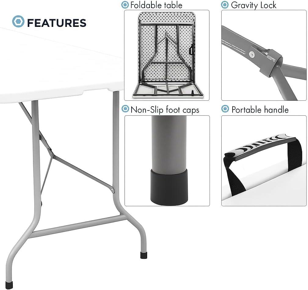 Plainsity Mesa Plegable de Plástico de 6 Pies - Mesa de Comedor Portátil, Plegable y Resistente para Fiestas, Bodas, BBQ, Camping, Eventos en el Patio Trasero - Mesa Utilitaria para Interiores/exteriores con Asa de Transporte Blanca