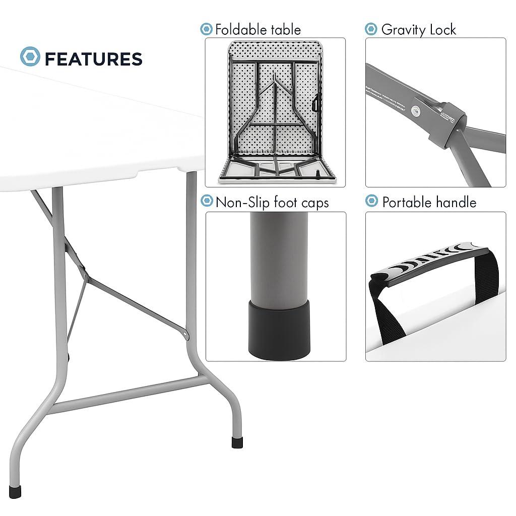 Plainsity Mesa Plegable de Plástico de 6 Pies - Mesa de Comedor Portátil, Plegable y Resistente para Fiestas, Bodas, BBQ, Camping, Eventos en el Patio Trasero - Mesa Utilitaria para Interiores/exteriores con Asa de Transporte Blanca