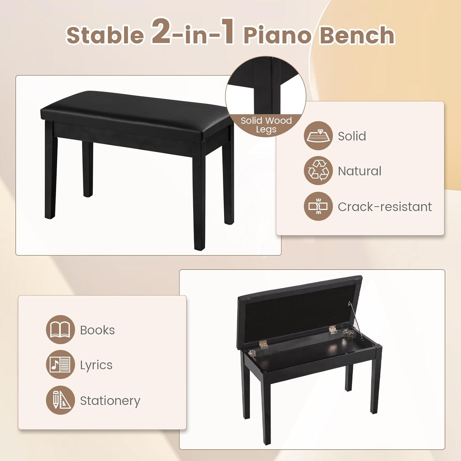 Tangkula PU Leather Piano Bench Solid Wood Padded Double Duet Keyboard Seat w/ Storage Box Black