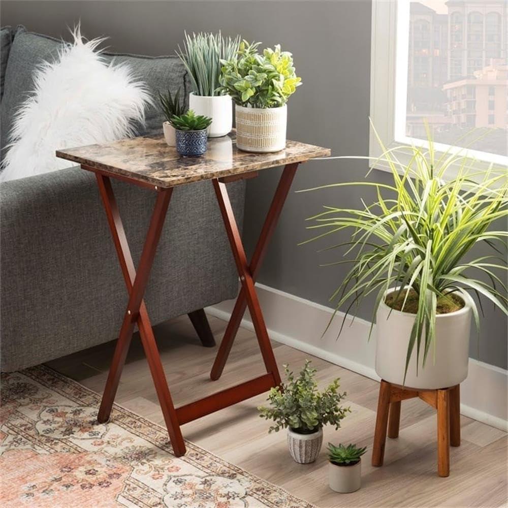 Brown Faux Marble and Rubberwood Folding Tray Table Set