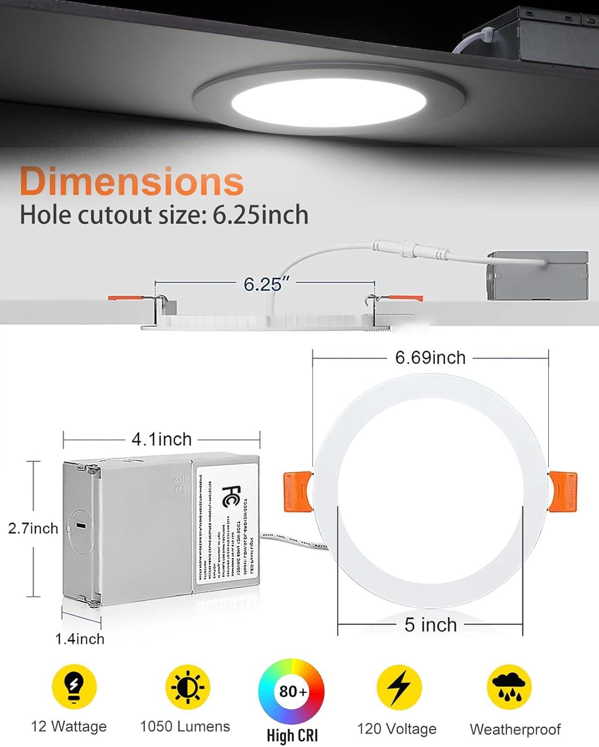 (12 Pack) 6 Inch Ultra-Thin LED Recessed Ceiling Light with Junction Box, 12W, Dimmable Canless Wafer Slim Panel Downlight, IC Rated, ETL-Listed - 4000K