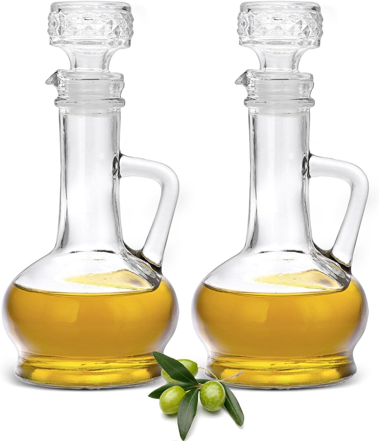 Cornucopia Brands 8oz Glass Oil and Vinegar Cruets (Set of 2); Round Oil Dispensers / Salad Dressing Bottles w/ Stoppers