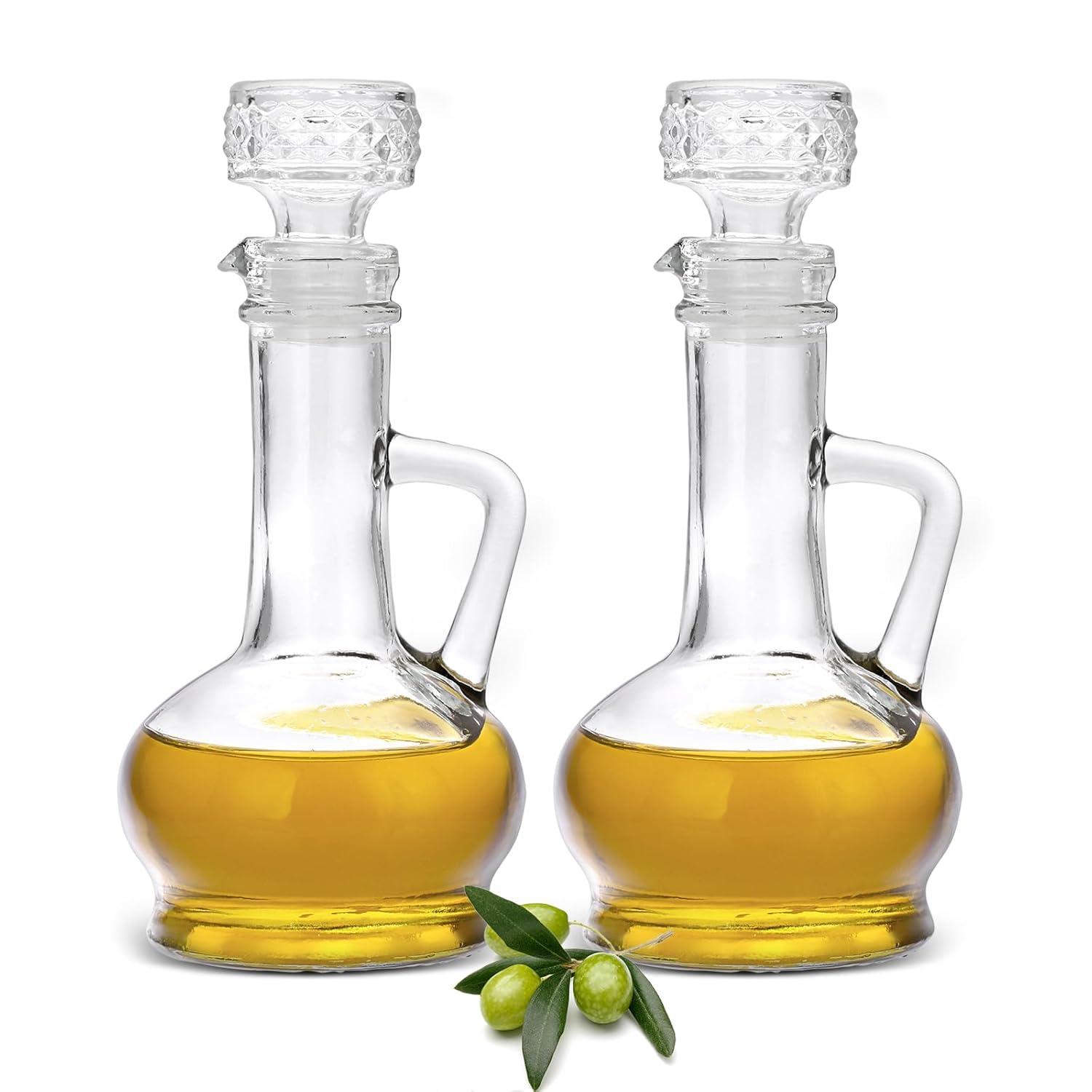 Cornucopia Brands 8oz Glass Oil and Vinegar Cruets (Set of 2); Round Oil Dispensers / Salad Dressing Bottles w/ Stoppers