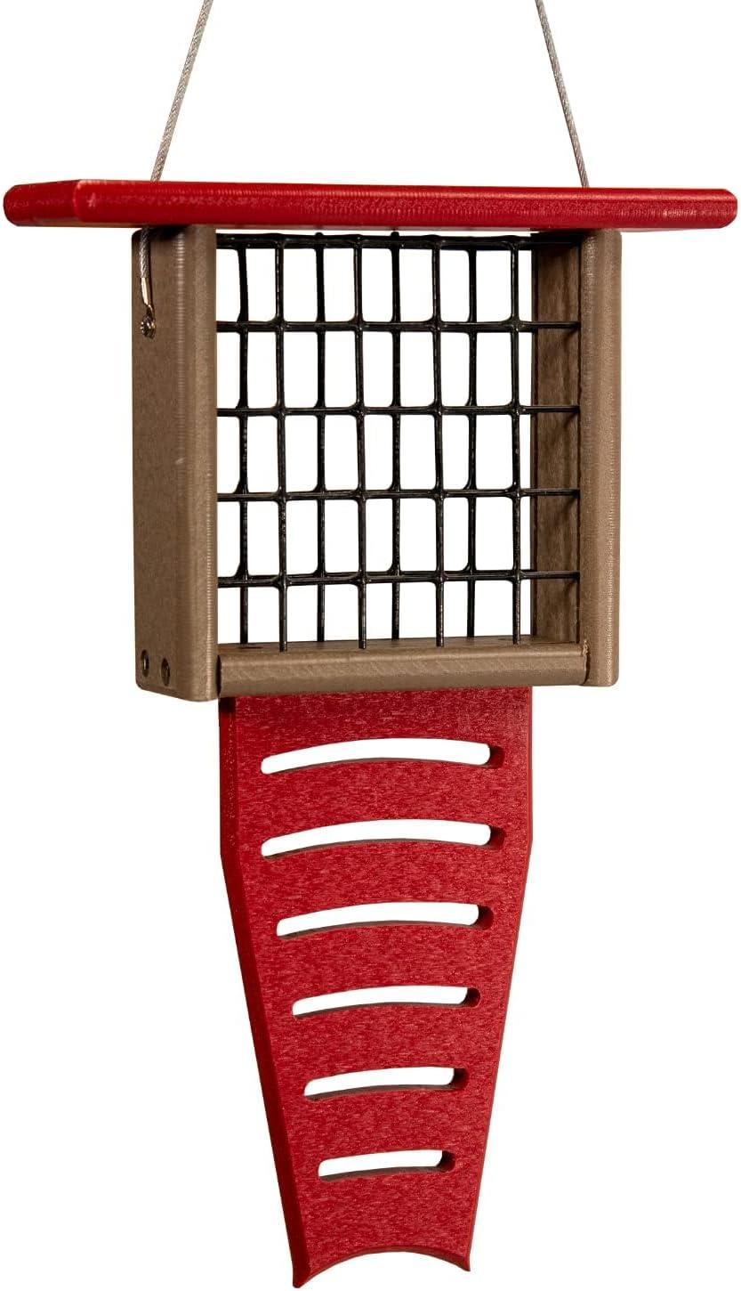 JCs Wildlife Red/Tan Recycled Poly Lumber Single Suet Feeder Tail Prop Bird Feeder - Holds 1 Suet Cake - Long Lasting Suet Cage Feeder