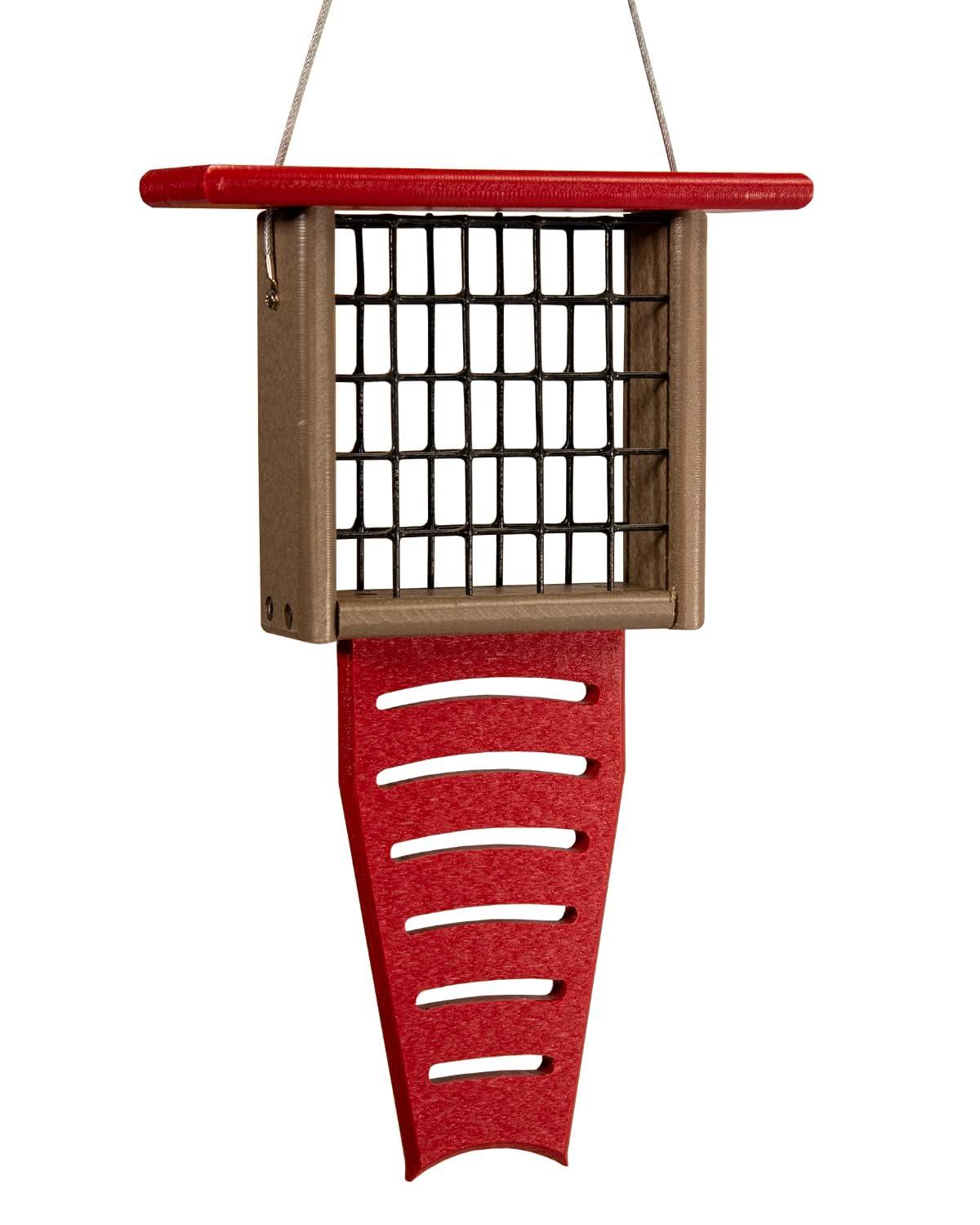 JCs Wildlife Red/Tan Recycled Poly Lumber Single Suet Feeder Tail Prop Bird Feeder - Holds 1 Suet Cake - Long Lasting Suet Cage Feeder