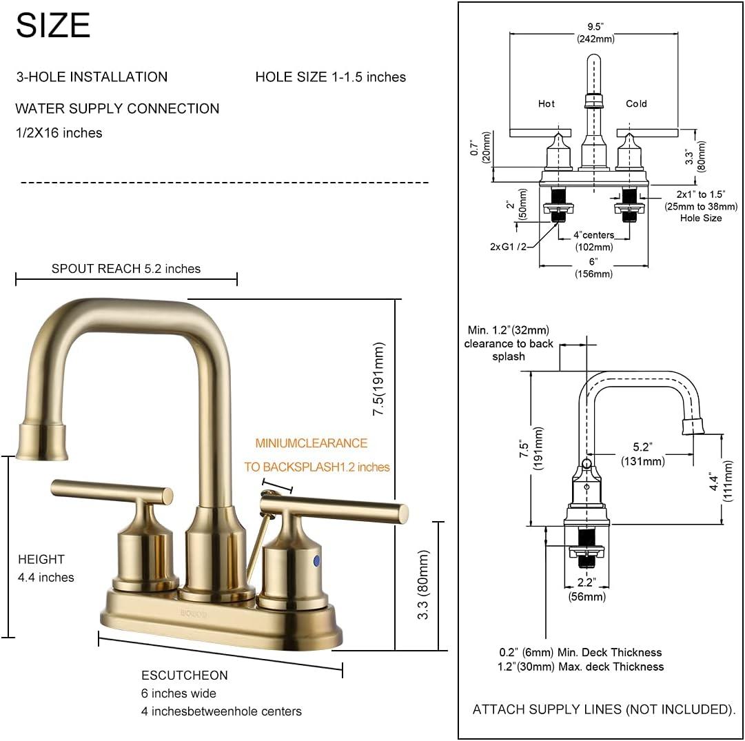 WOWOW Brushed Gold Bathroom Faucet 4 inch Bathroom Sink Faucet 3 Hole RV Sink Tap 2 Handle Vanity Taps with Drain Assembly Centerset Lavatory Mixer 360-Degree Swivel Spout