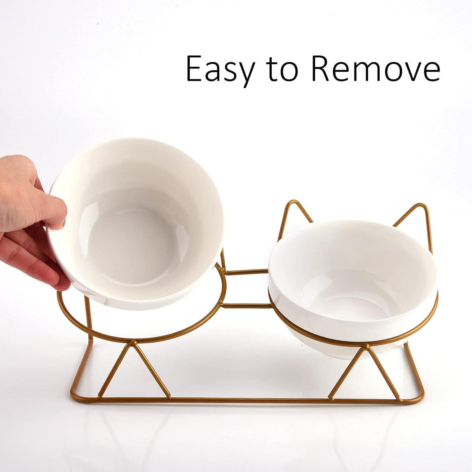 Double White Ceramic Pet Bowls with Gold Tilted Stand