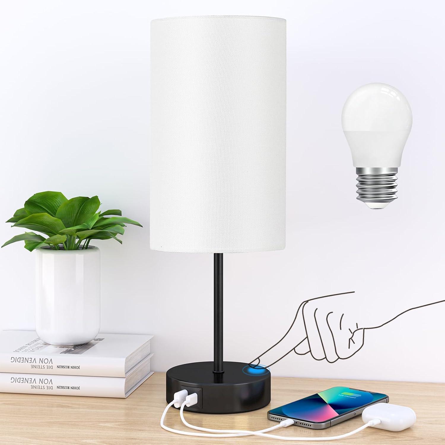 Ebern Designs Table Lamp For Bedroom, 3 Way Dimmable Touch Lamp With Dual Charging Station, Small Bedside Lamps For Night Stands, Living Room, Office(LED Bulb Included) | Wayfair