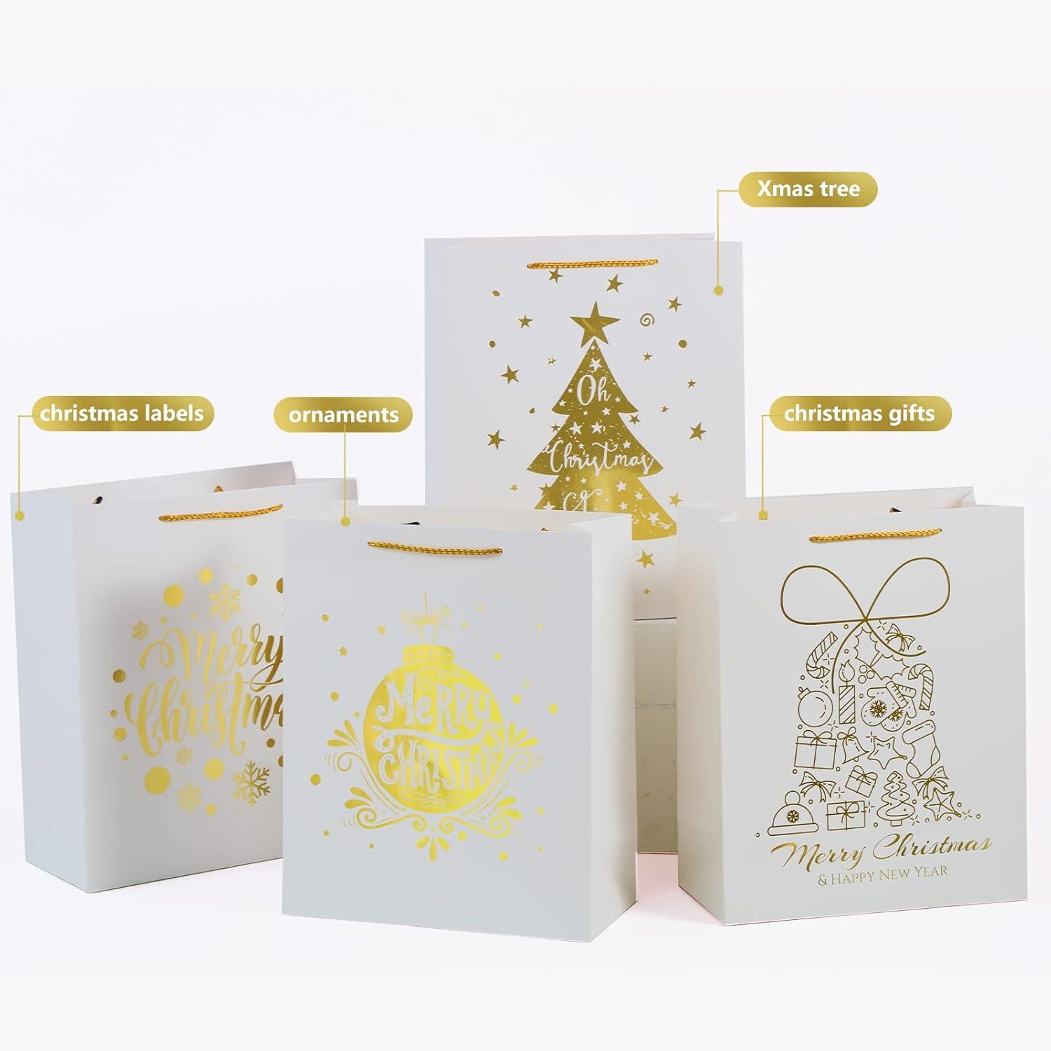 UNIQOOO 12Pcs Large White & Metallic Gold Foil Gift Bags, 4 Assorted Xmas Tree Snowflake Designs, Perfect for Christmas Thanksgiving New Year Party Favor