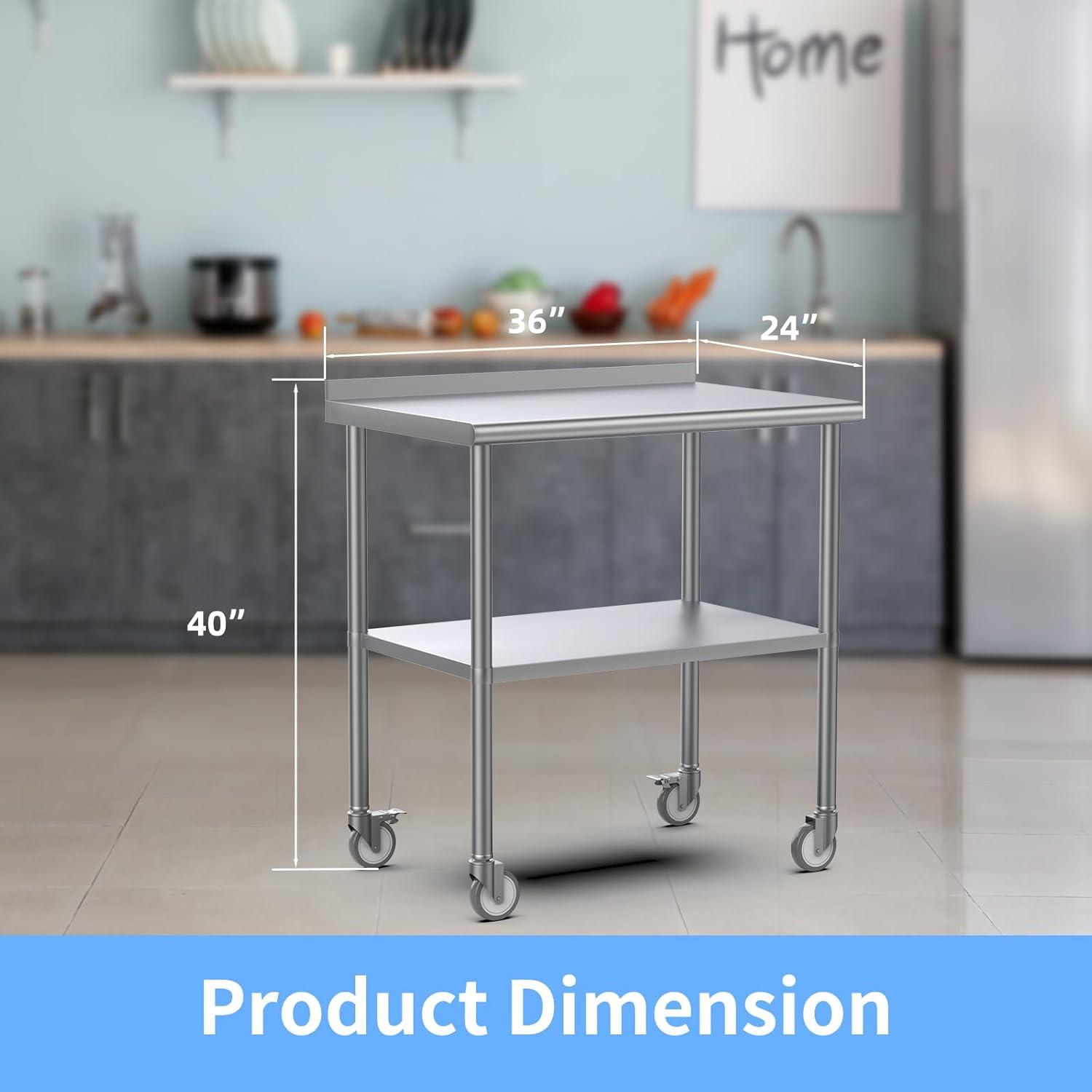 ROVSUN 36'' x 24'' Stainless Steel Table with Backsplash, Pre Work Table Metal Table for Kitchen Restaurant Home