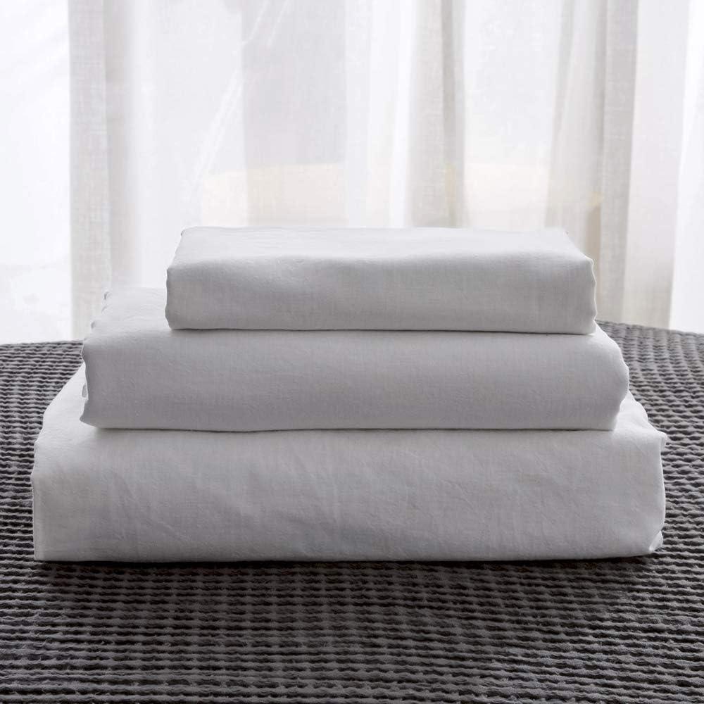 Simple&Opulence Belgian Linen Sheet Set Solid Color - 4 Pieces (1 Flat Sheet, 1 Fitted Sheet & 2 Pillowcases) Natural Flax Cotton Blend Soft Breathable Farmhouse Bedding - Full Size, White