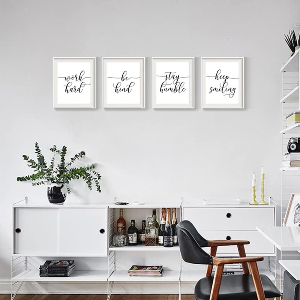 Work Hard. Be Kind. Stay Humble. Keep Smiling. Black and White Minimalist Motivational Wall Art. 4 Set (8 x 10). Unframed.