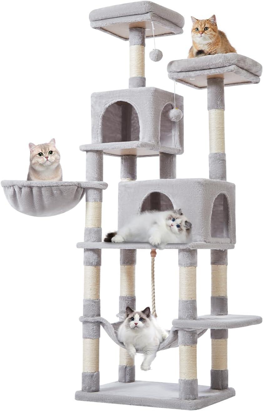 56.3'' Cat Tree Tower for Indoor Cats ,Multi-Level Cat Condo Cat Furniture with Scratching Posts, Perches, Hammock, Cave ,Light Gray