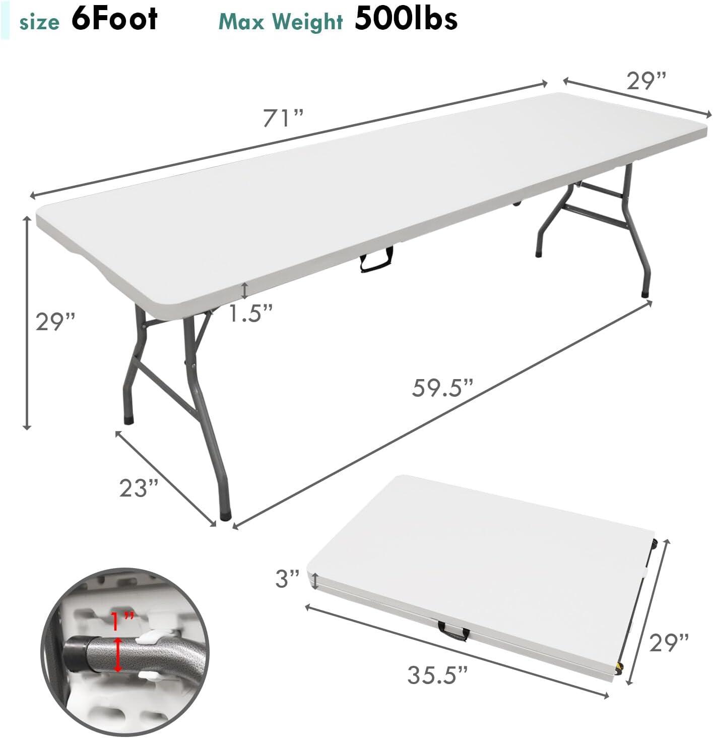CL.HPAHKL Folding Table with Carrying Handle, Portable Plastic 6 Ft Camping Table, Sturdy Steel Frame for Indoor Outdoor, White