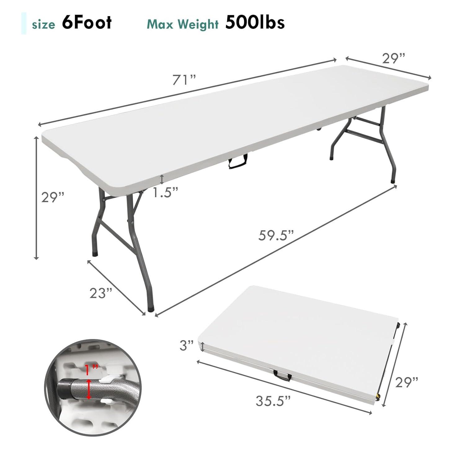 CL.HPAHKL 6 Foot Folding Table with Carrying Handle, Portable Plastic Camping Table Fold in Half, 6 ft Foldable Table with Sturdy Steel Frame for Indoor Outdoor Camping, Picnic and Party, White