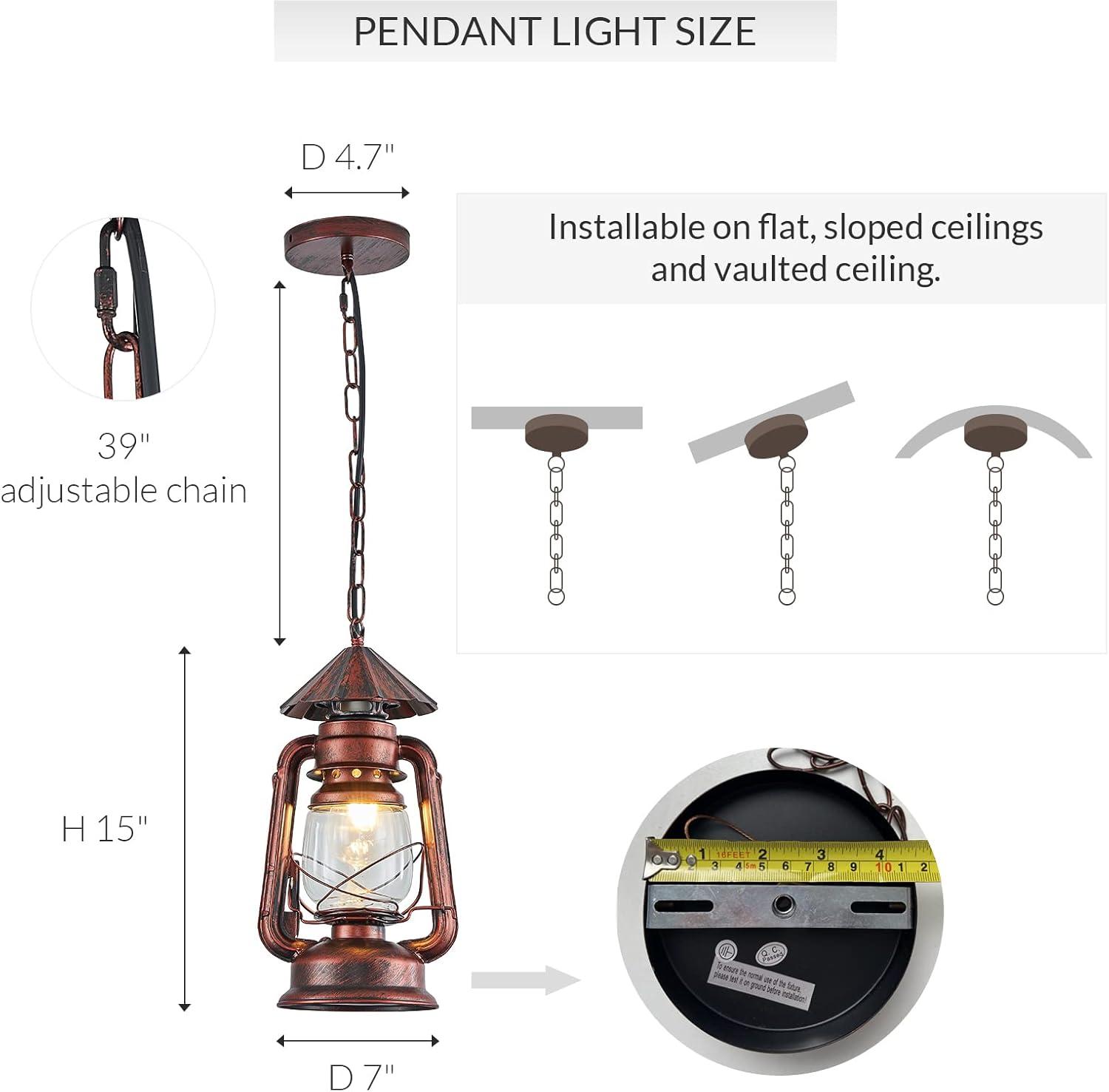 Antique Red Bronze Lantern Pendant Light with Glass Shade