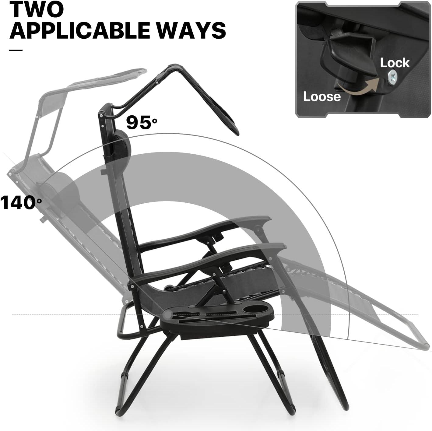 Black Adjustable Zero Gravity Outdoor Lounger Set with Canopy and Cushions