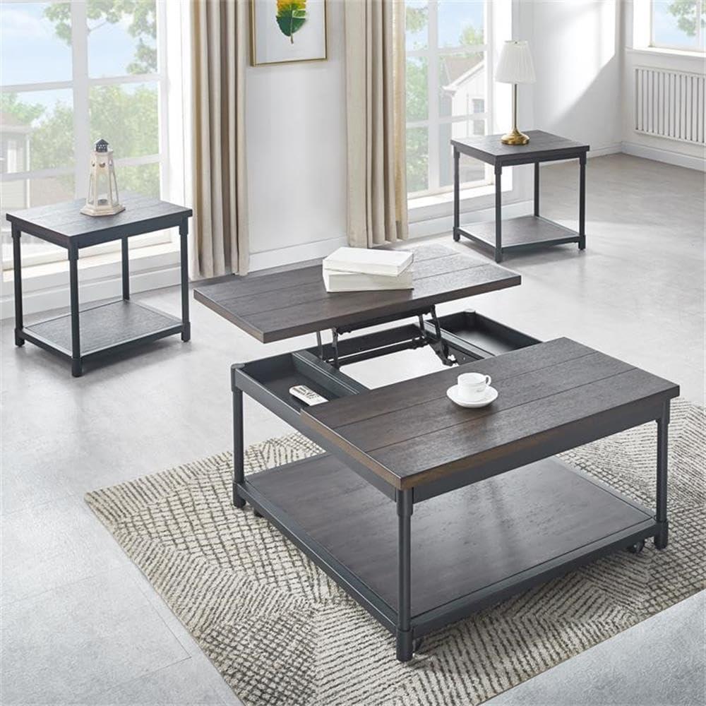 Prescott Lift Top Square Cocktail Table Dark Brown - Steve Silver Co.: Rustic Style, Metal Frame, Wood Veneer Top