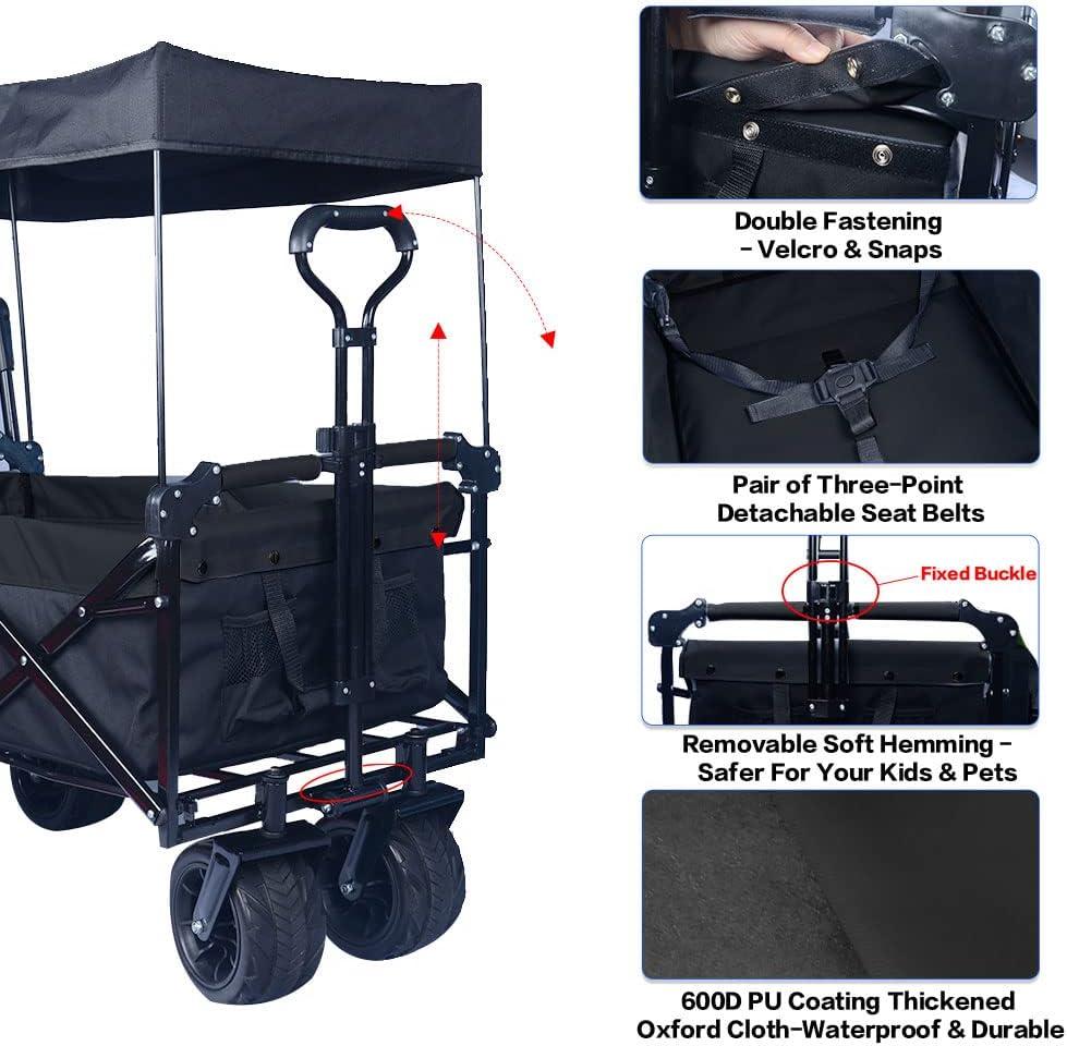 Large Collapsible Wagon Cart with Removable Canopy, Heavy Duty Folding Beach Wagon with Big Wheels, Adjustment Push Handle&Rear Brakes,Cooler Bag, Utility All-Terrain Wagon for Garden Shopping Camping