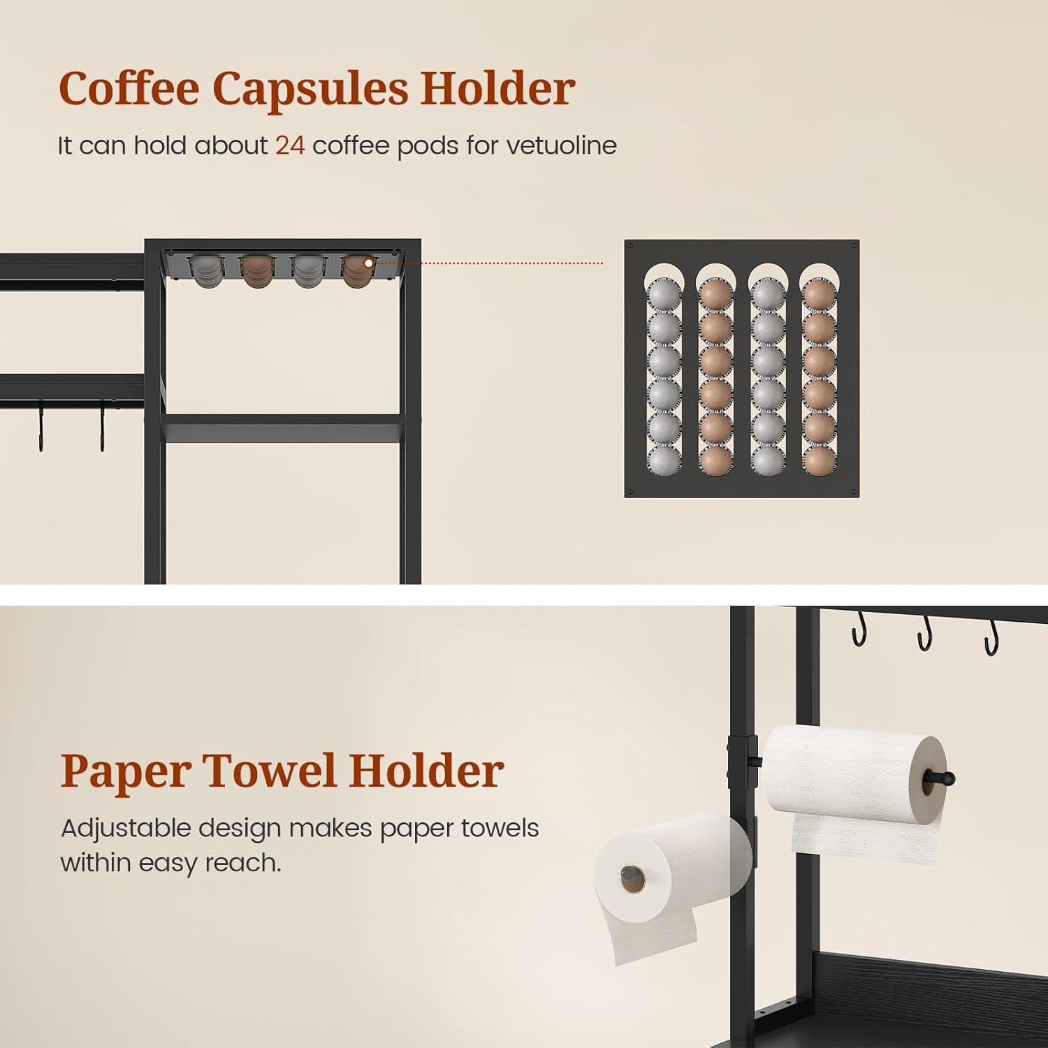 Kitchen Bakers Rack with Storage Shelves, Microwave Stand with Power Outlet and LED Light, Coffee Bar Cabinet Wire Basket Metal Grid Wine Rack Goblet Holder Hooks (Black, Small)